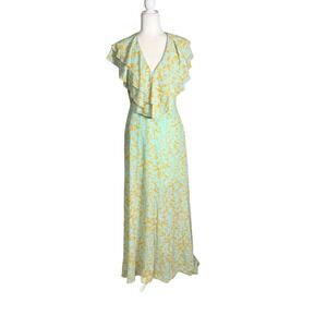 SACHIN & BABI Floral Maxi Dress Ruffle V Neck Teal Orange Size 4